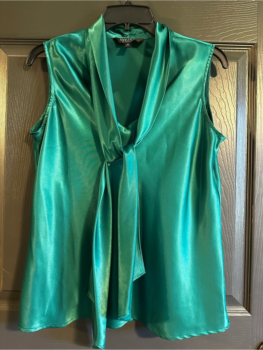Kasper Womens Emerald Green Satin Tie Neck Sleeveless Blouse Top Size M